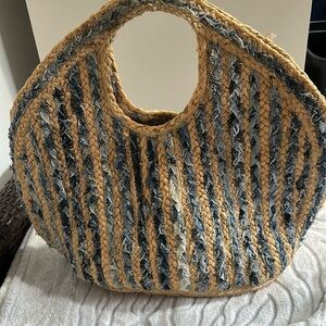 Antik Kraft  Straw & Denim Blue Woven Tote — 19” x 15” x 6 1/2”